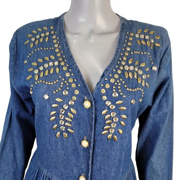 Vintage 90s Denim Midi Dress Women Medium Teacher Embellished Rhinestone 8 10 M - Picture 16 of 16